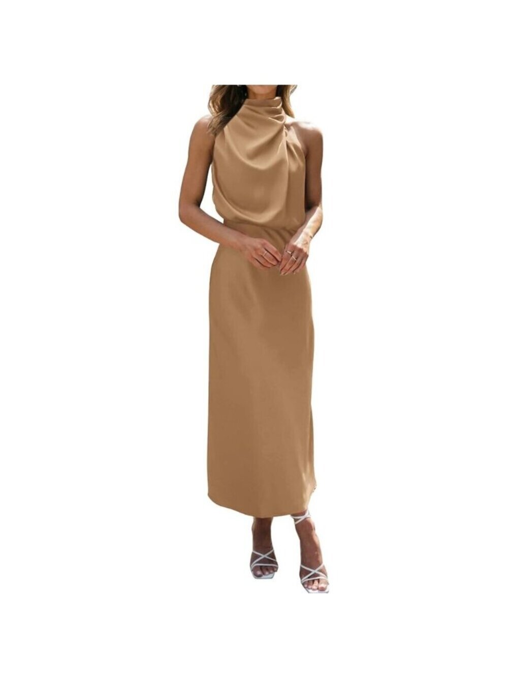 Women's Light Khaki Cocktail Dressess for Satin Silk Sleeveless High Waist Maxi